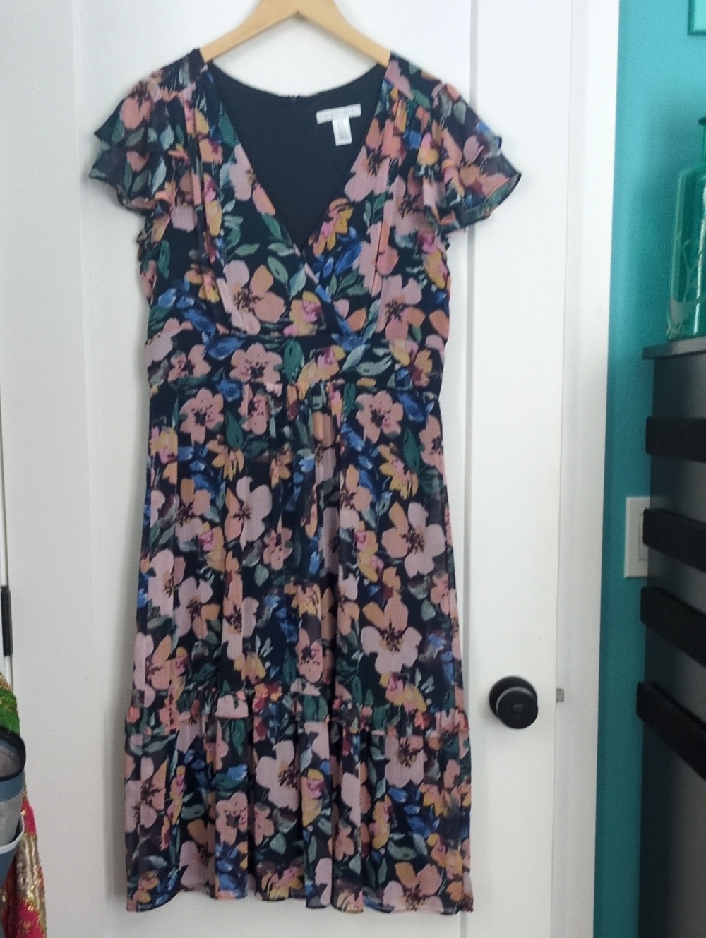 London Times Floral Midi Dress with Pink & Blue Blooms